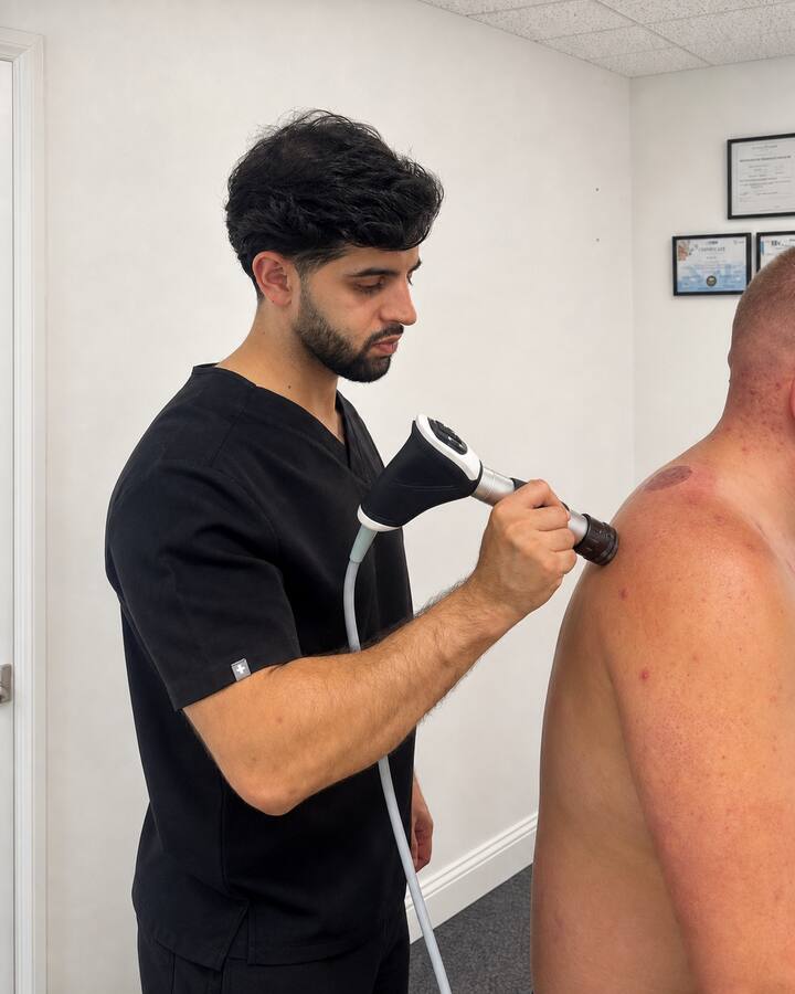 Bilal Ali giving shockwave therapy for shoulder pain